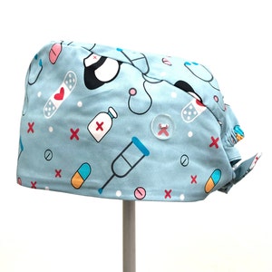 Medical Scrub Cap with Buttons, Medical Print Surgical Scrub Cap with Buttons Ear Saver, First Aid Surgical Cap with Buttons, Ship from USA