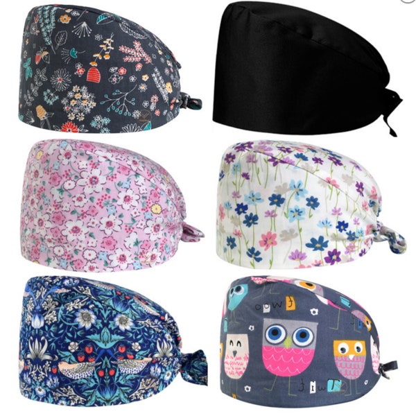 Casquette de chirurgie unisexe avec boutons, bonnet de gommage pour infirmière, bonnet de chirurgie avec boutons, floral noir uni, navire de la Virginie aux États-Unis