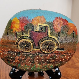 Wherever Life Plants You Bloom with Grace Tractor Country Autumn Trees Painted Rock