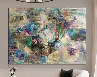 Arte floral original, pintura abstracta en lienzo, arte mural para sala de estar, decoración de pared de dormitorio, textura acrílica gris azulada, obra de arte floral, azul