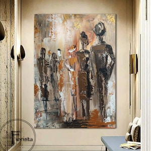Abstract Figurative Canvas Paintings Beige Colors Expressionist Art Human Painting Original Romantic Art Beige with People on the Wall