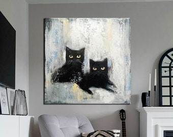 Original Abstract Black Cat Paintings on Canvas, Neutral Textured Art Wall Decor  Abstract Animal Painting In Biege and Black Colors,