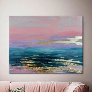 Original Abstract Seascape Painting Rose Gold Sunrise Sea Texture Painting Seascape Boho Painting Living Room Wall Art Nautical Art Sea Art
