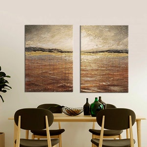 Set of 2 Large Minimalist Abstract Paintings, Green and Beige Minimalist Paintings on Canvas, Textured Painting Set of 2 Abstract Paintings