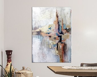 Original abstract city landscape, beige painting with gold, Minimalist Abstract City, Large Wall Art, Original Texture Wall Art Modern Decor