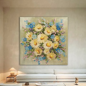 Daisies,flower art on canvas,flower art on the walls, daisies art, daisies on canvas, beige canvas art in the dining room,large original art