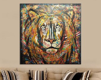 Dipinto a olio originale di leone su tela Grande collage di arte astratta su tela di animali Moderna opera d'arte impressionista di leone per soggiorno Arte del leone