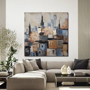 Origineel stadsgezicht beige schilderij abstracte stad 3D-textuur moderne kunst slaapkamer decor abstract stadsgezicht originele kunst stedelijke kunstwerken Impasto