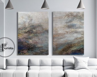 Large Abstract Textured Painting Set: Gray Minimalist Canvas Diptych