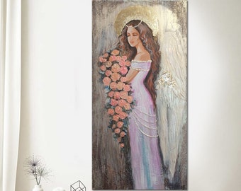 Angel original art, 3d textured painting, gold, religious art, guardian angel, Christian art, living room painting, gold painting, angel art