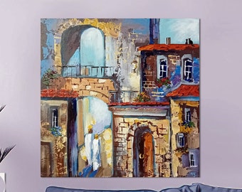 Pintura al óleo texturizada de paisaje urbano sobre lienzo, decoración abstracta moderna.
