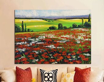 Malarstwo Poppy Field Oryginalna sztuka Malarstwo Poppy Malarstwo Red Poppy Malarstwo Red Poppy Wall Art Malarstwo Pejzażowe Impasto Malarstwo Olejne Pejzaż