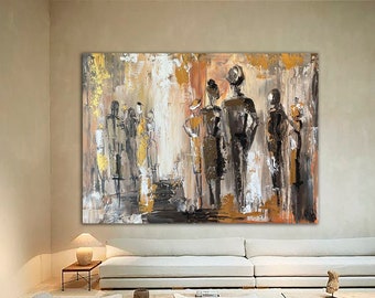 Abstract Figurative Paintings On Canvas In Brown Colors Expressionist Art Human Painting Original Romantic Art beige with people on the wall