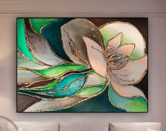 Flower abstract original painting green gold painting art for living room and bedroom abstract flower interior oil painting modern art