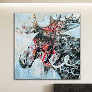 Elk Moose Abstract Original Texture Oil Painting on Canvas, Large Wall Art, Dark and Moody, Animal Familiars , Modern Living Room Wall Decor