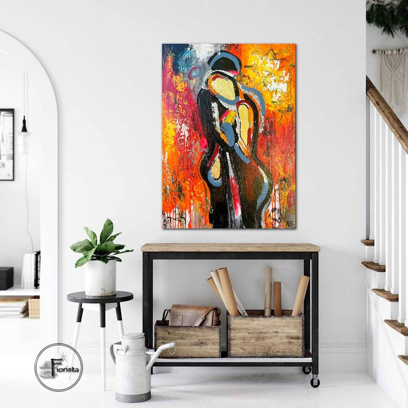 Original modern abstract painting on the wall bright colorful picture textured art painting painting abstract gold painting couple lovers image 5