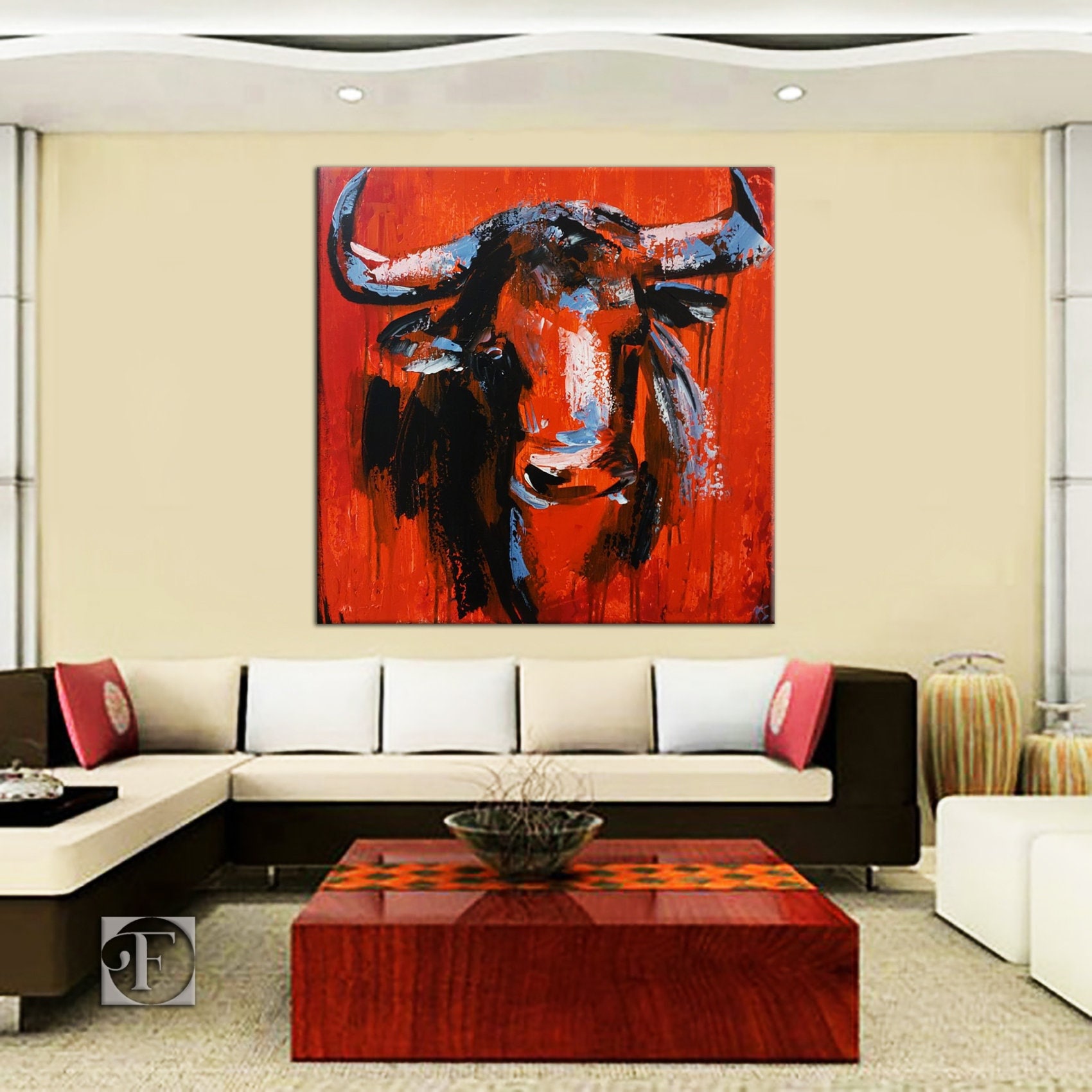 Bull Abstract Painting on Canvas Original Animal on Red Wall Art Home ...