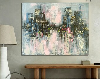 抽象的なニューヨークの街並みの絵画、テクスチャーのある油彩と