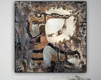 Abstract Sphinx Painting, Textured Brown & Gold Oil Painting