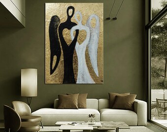 オリジナルの抽象的な天使の絵画、金箔の質感のある壁掛けアート