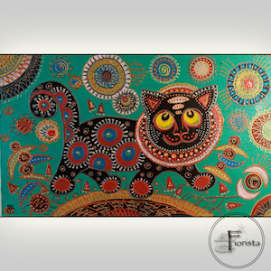 Abstract cat large original art in the nursery artstro deco painting for kids bright painting turquoise art on the wall cat art black cat