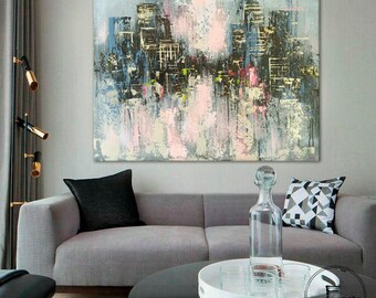 抽象的なニューヨークの街並みの絵画、テクスチャーのある油彩と