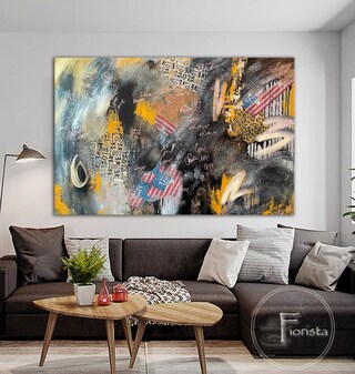 Stampa Astratta Su Tela 70x50 Cm – Quadro Moderno Con Pennellate Grigio E Giallo, Forme Astratte E Colori Vivaci – Arredamento Da Parete Per Soggiorno, Camera Da Letto, Ufficio – Pronto Da Appendere
