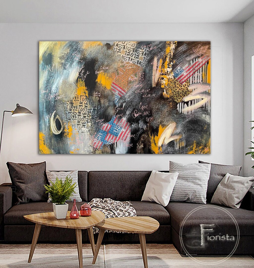 Stampa Astratta Su Tela 70x50 Cm – Quadro Moderno Con Pennellate Grigio E Giallo, Forme Astratte E Colori Vivaci – Arredamento Da Parete Per Soggiorno, Camera Da Letto, Ufficio – Pronto Da Appendere