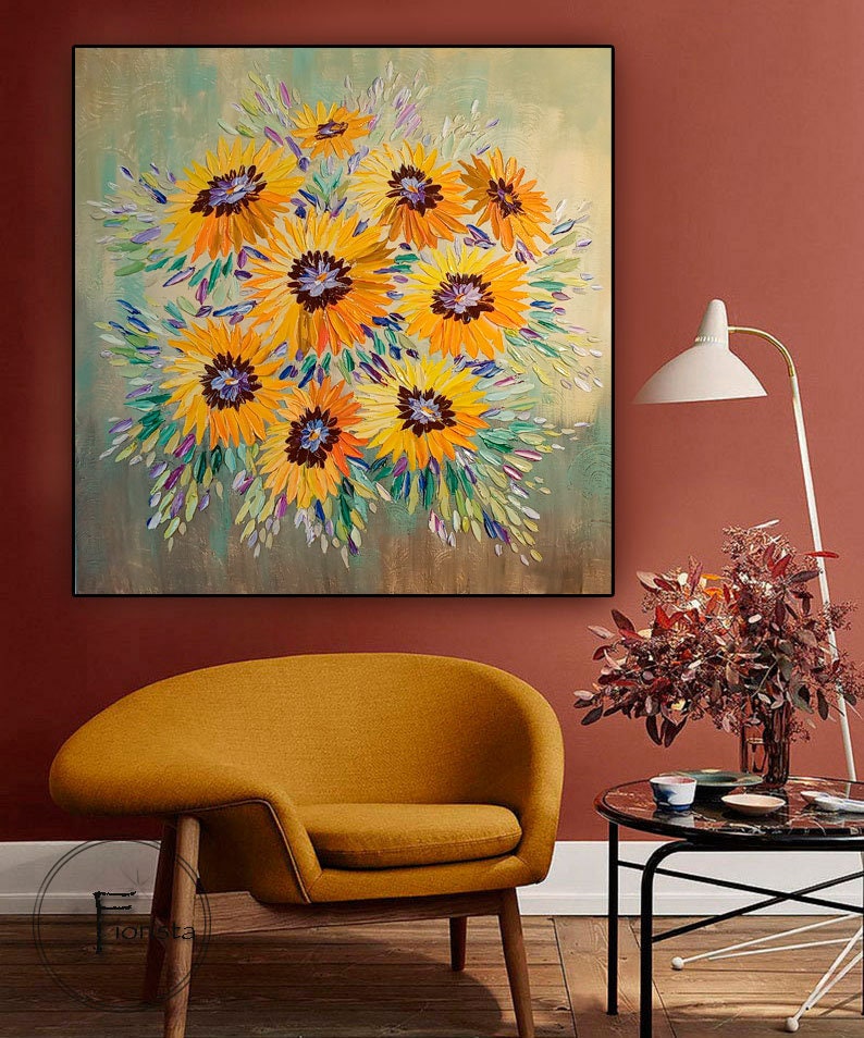 ひまわり オリジナル抽象画 キャンバスの油絵 花 壁アート