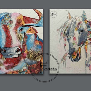 Horse and bull texas cowboy 2-piece set abstract original textured modern art horse art bull and horse painting interior large wall art