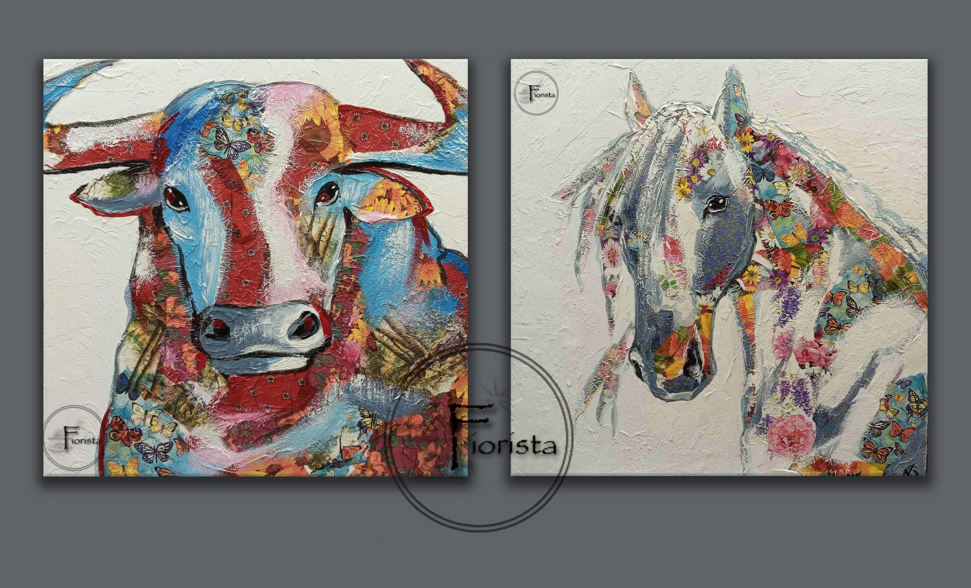 Horse and bull texas cowboy 2-piece set abstract original textured modern art horse art bull and horse painting interior large wall art