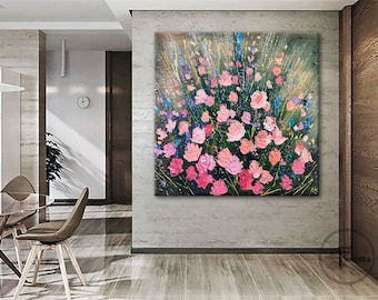Textured Pink Roses Painting, 3D Impasto Flower Art on Canvas