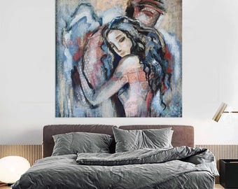 Angel love, couple in love, original canvas art of lovers, romantic couple portrait, abstract wall painting, modern minimalist painting