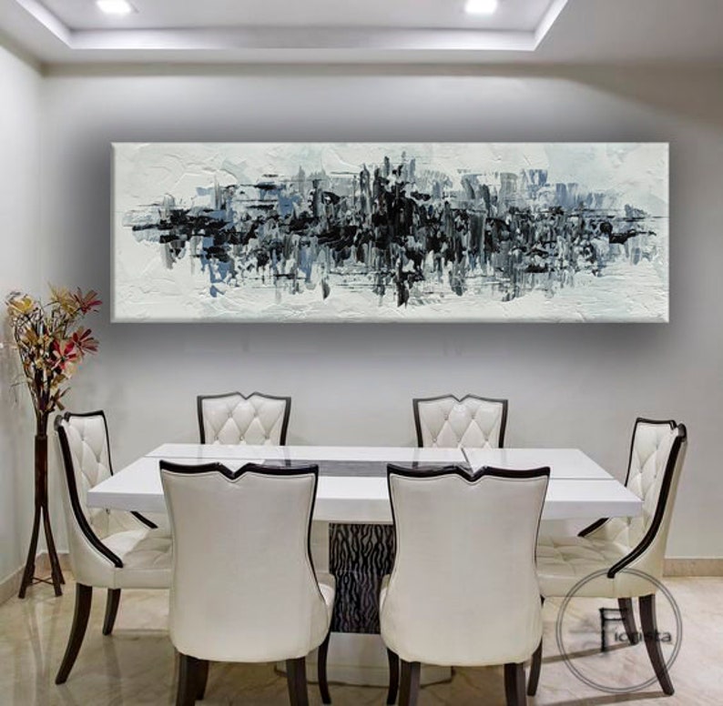 Large Palette Knife Painting Black White Wall Art Canvas Wall Etsy