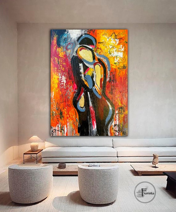 Original Modern Abstract Painting on the Wall Bright Colorful Picture  Textured Art Painting Painting Abstract Gold Painting Couple Lovers 