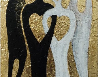 オリジナルの抽象的な天使の絵画、金箔の質感のある壁掛けアート