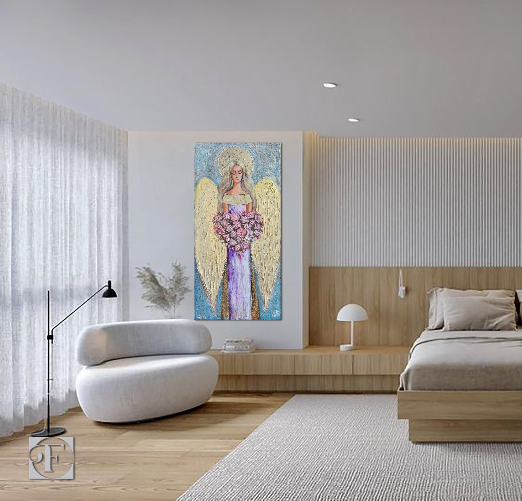3d textured painting, Angel original art, gold, religious art, guardian angel, Christian art, living room painting, gold painting, angel art