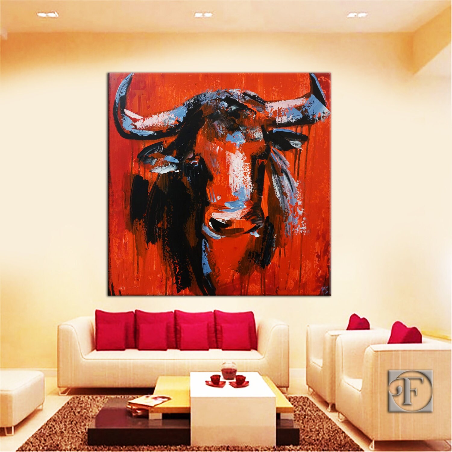 Bull Abstract Painting on Canvas Original Animal on Red Wall Art Home ...