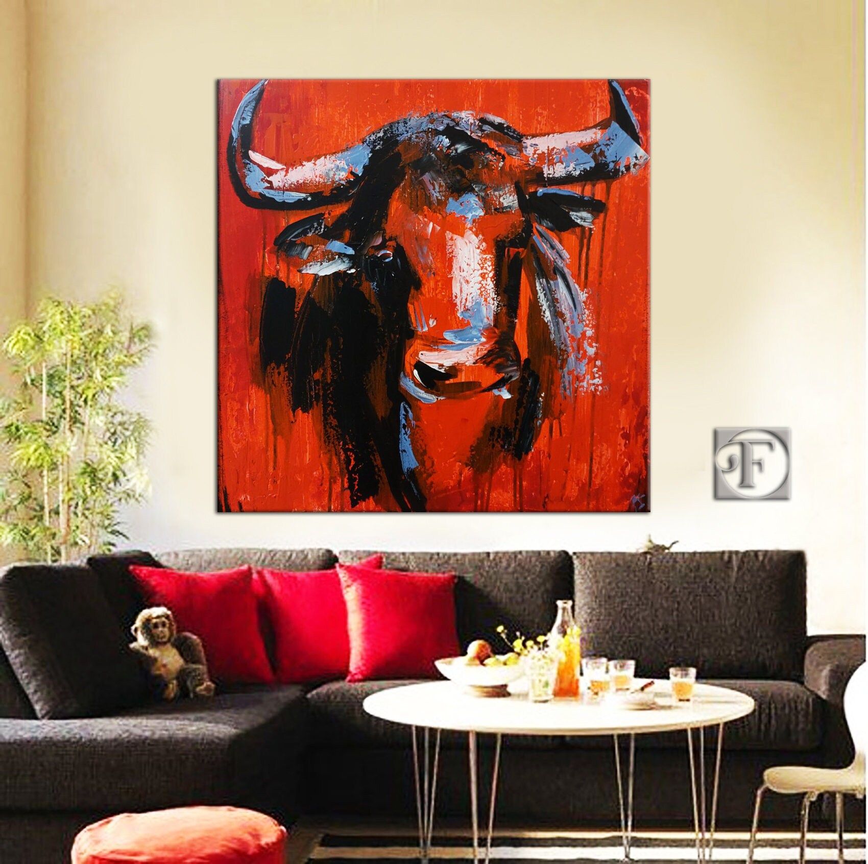 Bull Abstract Painting on Canvas Original Animal on Red Wall Art Home ...