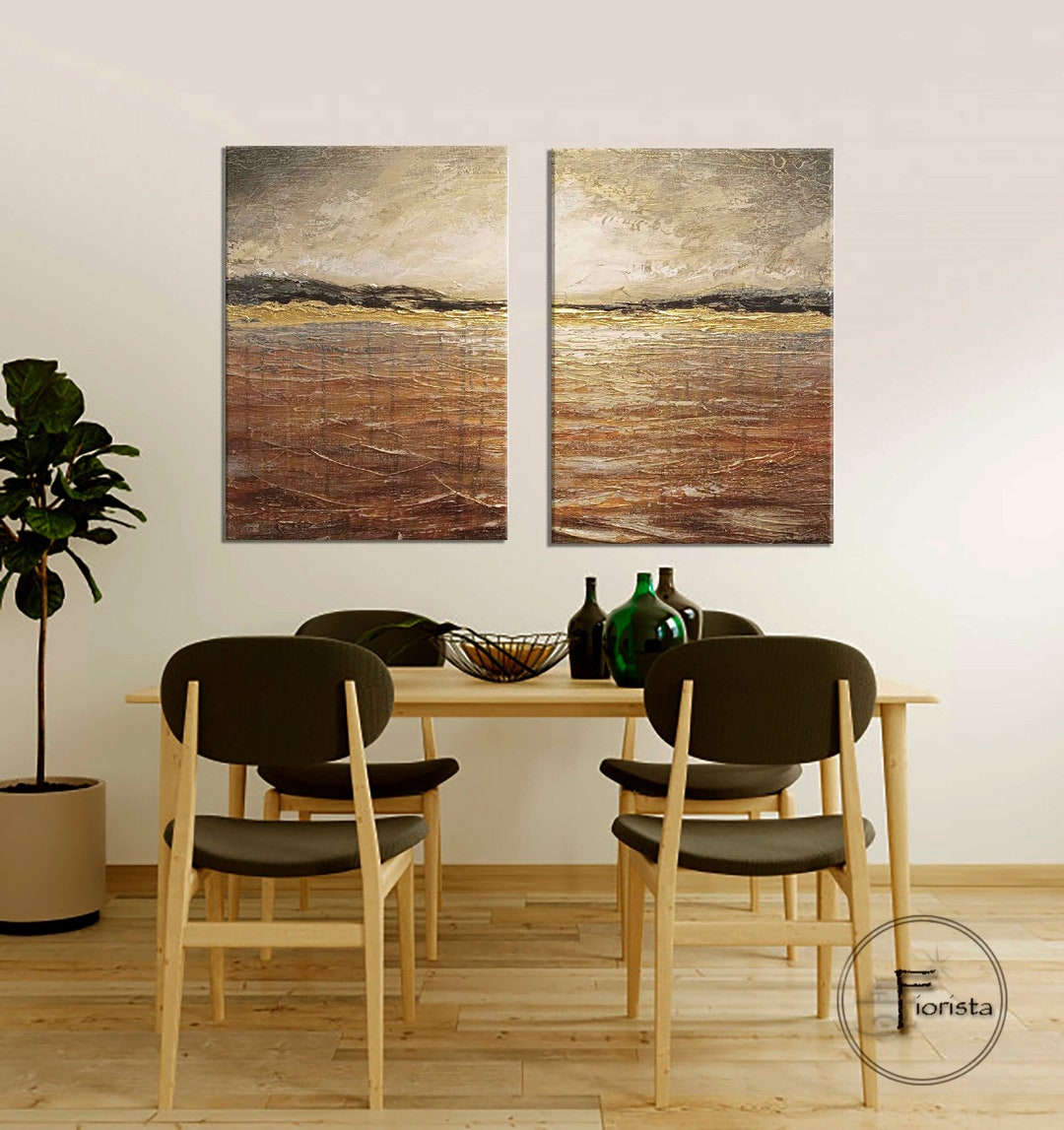 Set of 2 Large Minimalist Abstract Paintings, Green and Beige