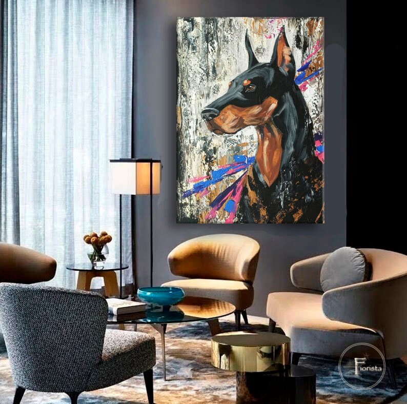 ドーベルマン 絵画 油彩画　オリジナル　原画 ドーベルマンの肖像画 抽象的なオリジナルのテクスチャ絵画