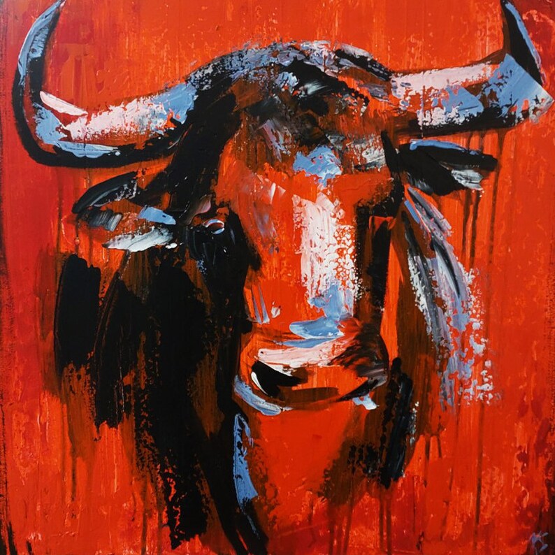 Bull Abstract Painting on Canvas Original Animal on Red Wall Art Home ...