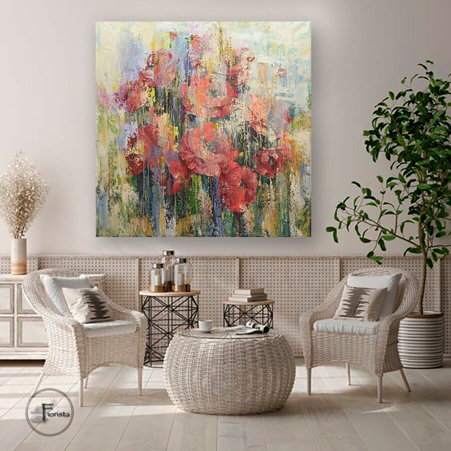 大きな抽象画、花のアート、花の絵画、3Dテクスチャ絵画、寝室の