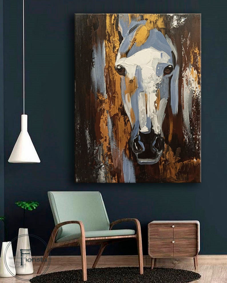 青い馬 馬の絵画 抽象的 白い馬 馬のアート 現代絵画 美しい馬の壁飾り