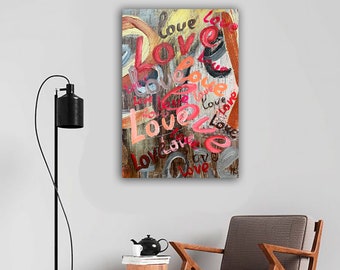 20インチ×28インチの大きな抽象的な愛の絵画、明るい色のキャンバスに