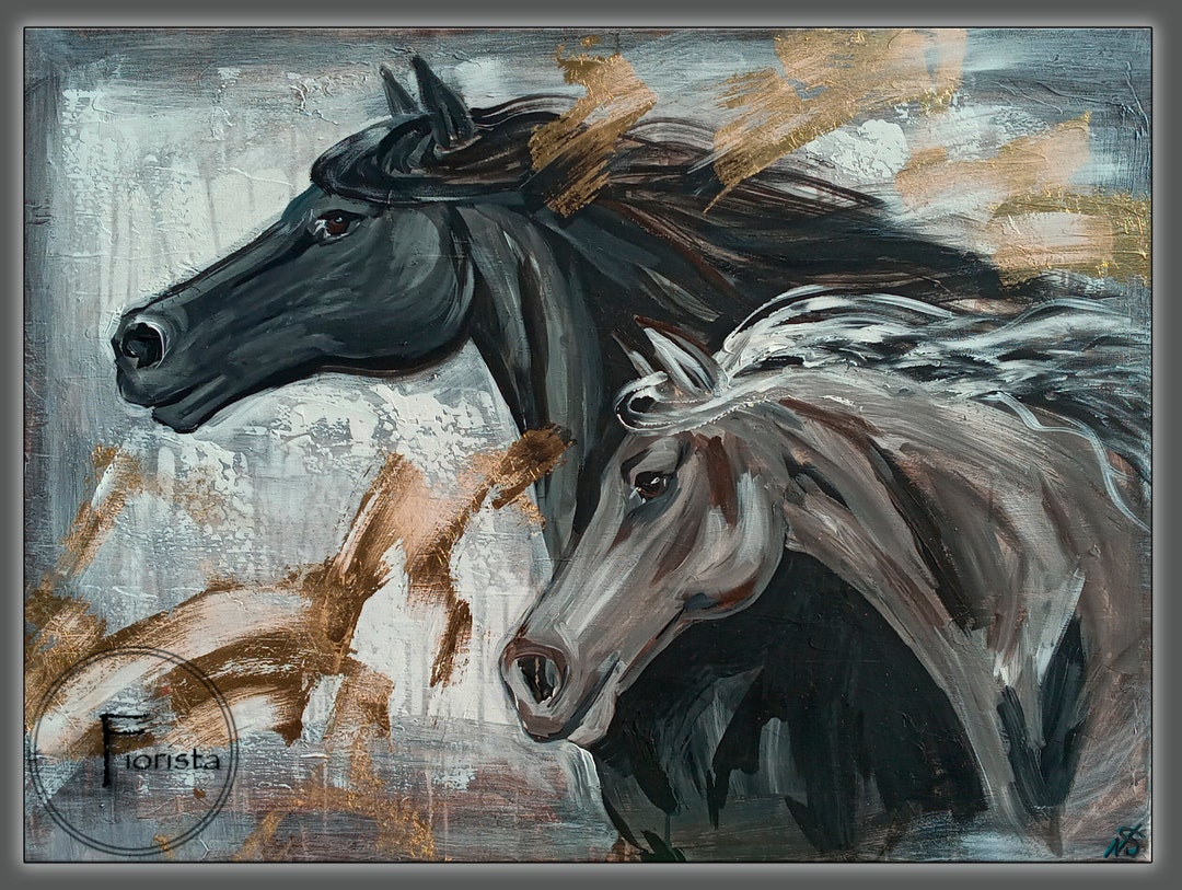 走る馬の絵画、白黒アート、テクスチャードキャンバス - Etsy 日本