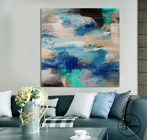 キャンバスに描かれた抽象画 大きな青いキャンバス 壁アート 現代