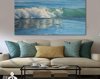 Ocean Wall Art,Original Blue Sea Oil Painting Waves Home Decor Handmade Nature Scenery Realistic Wave Wall Art