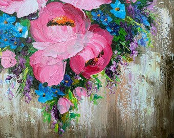 抽象的な花の油絵 キャンバスに描かれたオリジナルの抽象的な花