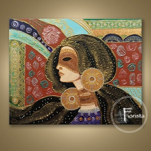 Girl mask abstract textured art original oil painting artdeco gold painting in living room bright canvas painting portrait abstract painting